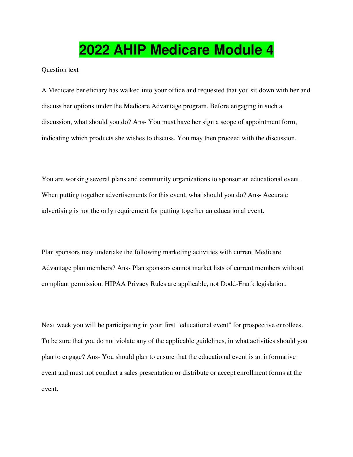 Preview image for 2022 AHIP Medicare Module 4 Questions And Answers 2022/2023